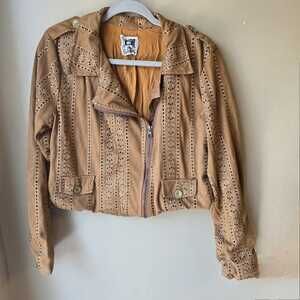 Tan Faux Suede Moto Jacket Size M Embroidered Cropped Boho Lined Biker Jaase